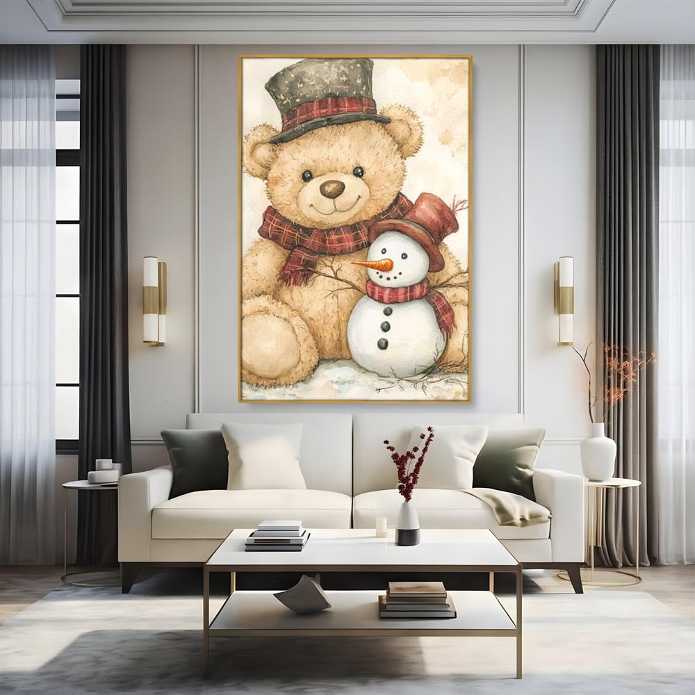 Tablou canvas cu ilustratie cu ursulet si om de zapada, in rama de aluminiu auriu, pe perete intr-un living